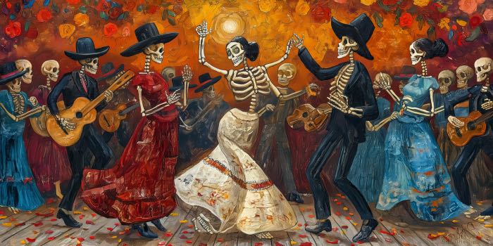 Painting of Day of the Dead celebration in Mexico